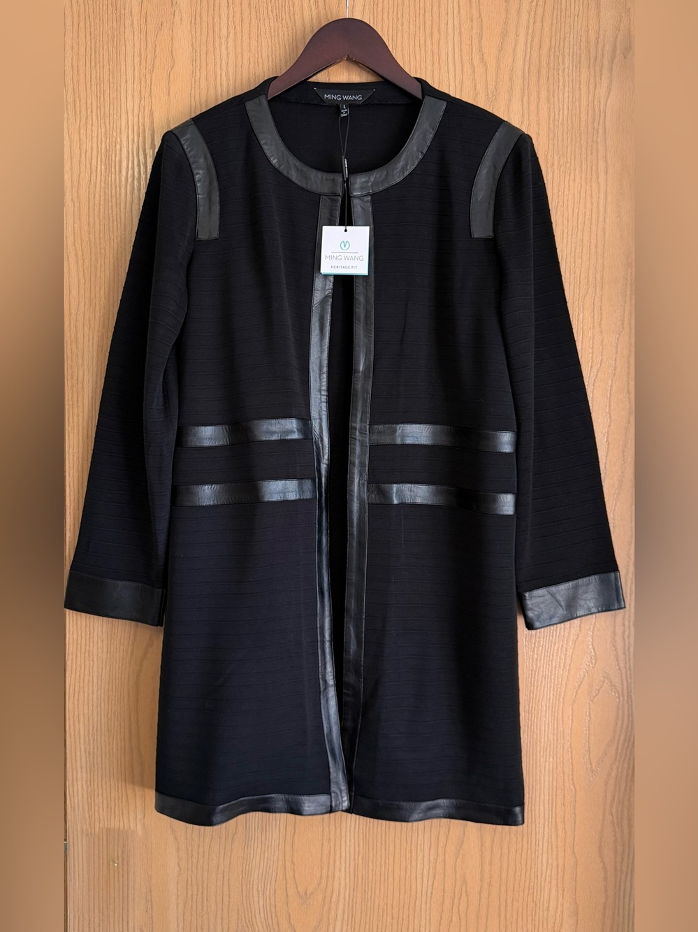 Ming Wang | SZ L | Black Long Line Cardigan Lightweight | Faux Leather Trim NWT